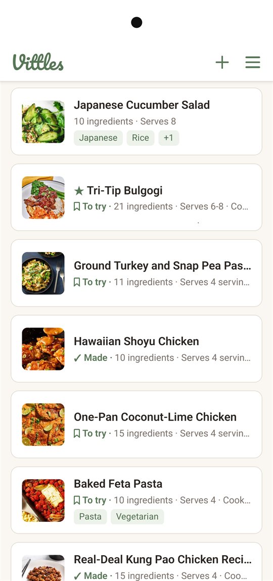 The Vittles recipe list: recipes with photos, tags, a starred favorite, and ones marked Made or To try